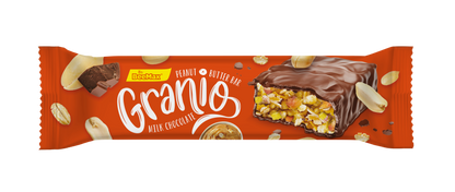 Granio peanut butter bar packaging with chocolate coating on a white background