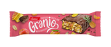 Pink Granio bar packaging with chocolate and fruit toppings on a white background