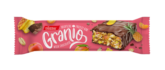 Pink Granio bar packaging with chocolate and fruit toppings on a white background