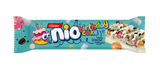 Candy bar packaging with 'nio' branding and birthday cake design on a blue background