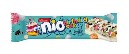 Candy bar packaging with 'nio' branding and birthday cake design on a blue background
