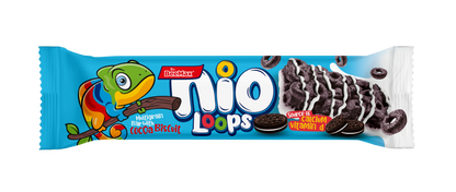 Packaged snack with colorful character and 'Nio Loops' branding on a white background