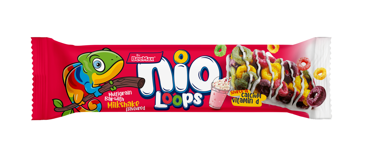 Nio Loops candy bar packaging with colorful design on a white background