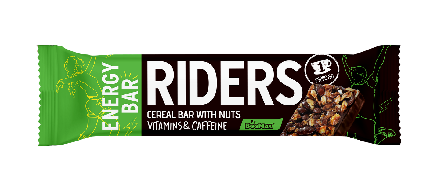 Riders energy bar packaging with green and black design on a white background