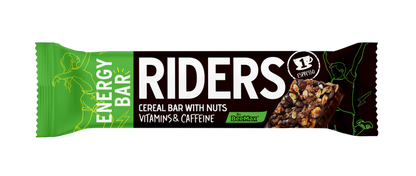 Riders energy bar packaging with green and black design on a white background
