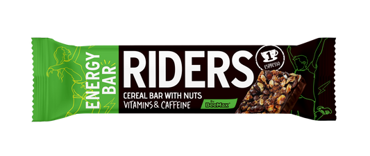 Riders energy bar packaging with green and black design on a white background