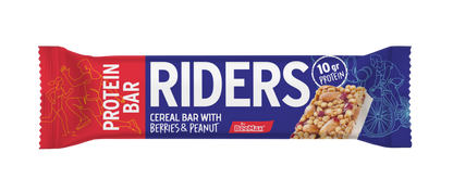 Protein bar package with 'Riders' branding on a white background