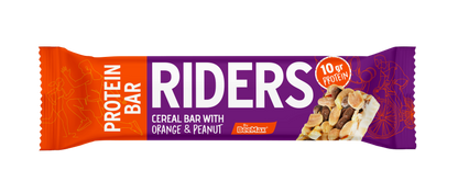 Protein bar package with 'Riders' branding on a white background