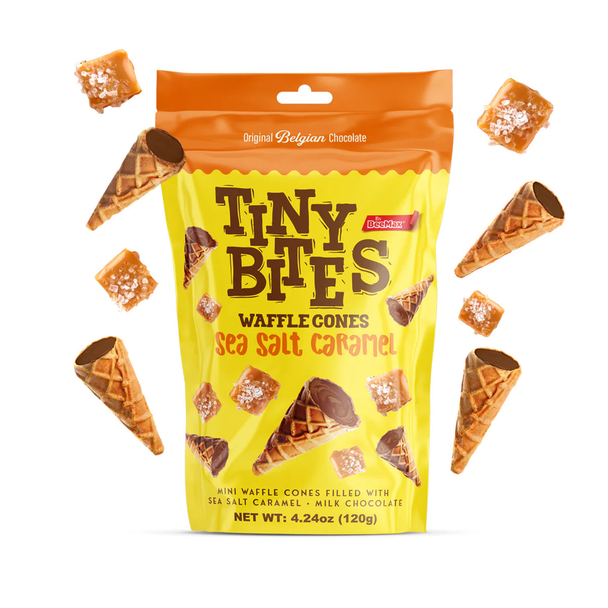 Packaging of Tiny Bites Waffle Cones with sea salt caramel flavor on a white background