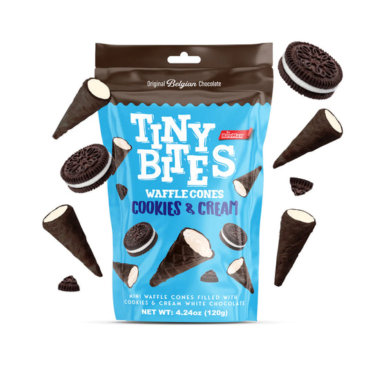 Packaging of Tiny Bites Waffle Cones Cookies & Cream with product and brand details.