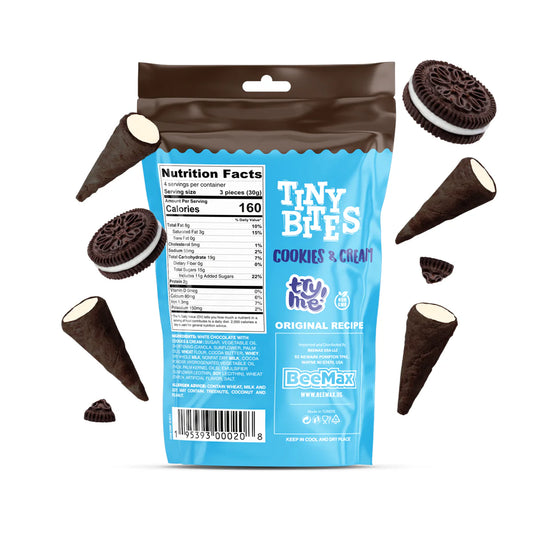 Packaging of Tiny Bites Cookies & Cream treats with visible branding and nutritional information.