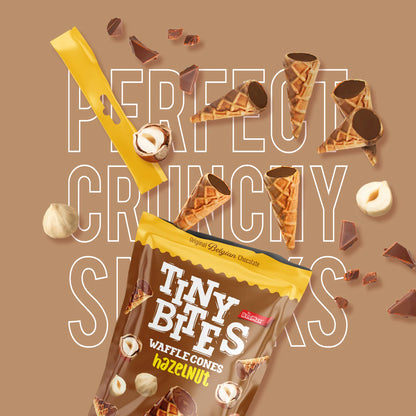 Packaging of Tiny Bites waffle cones with hazelnut flavor on a brown background.