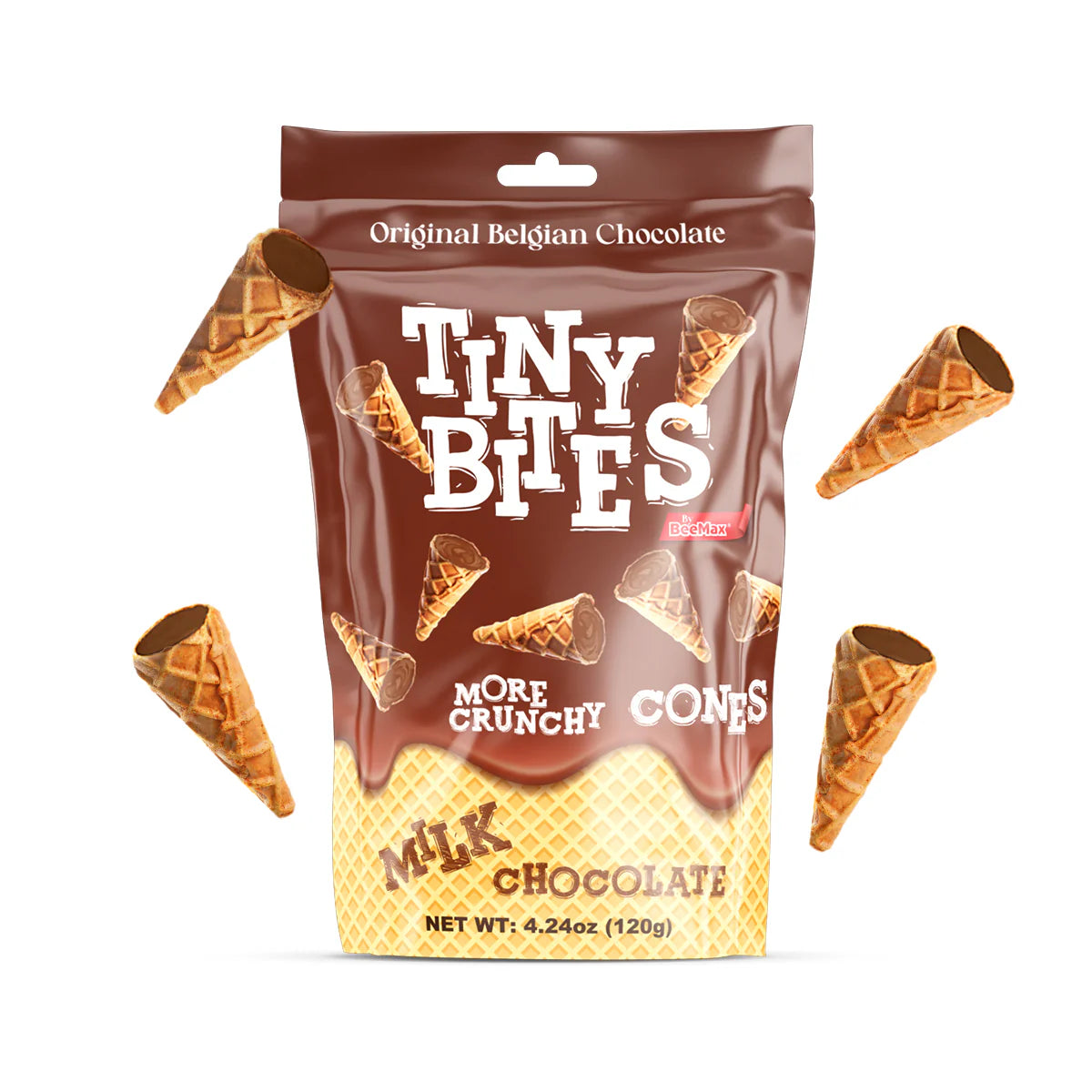 Packaging of Tiny Bites milk chocolate crunchy cones with product placement on a white background