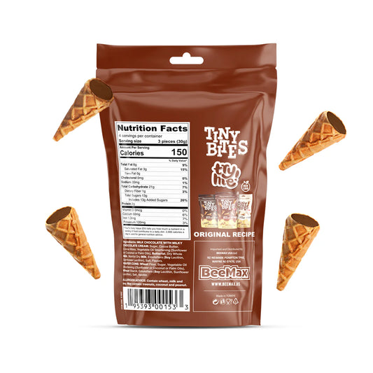 Brown package of Tiny Bees with waffle cones on a white background