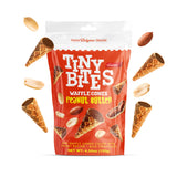 Packaging of Tiny Bites Waffle Cones Peanut Butter with waffle cones and peanuts around on a white background