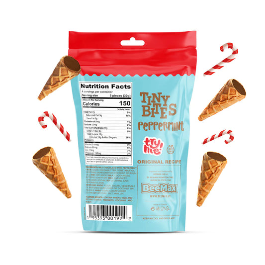 Packaging of Tiny Bites Peppermint snacks with waffle cones and candy canes on a white background