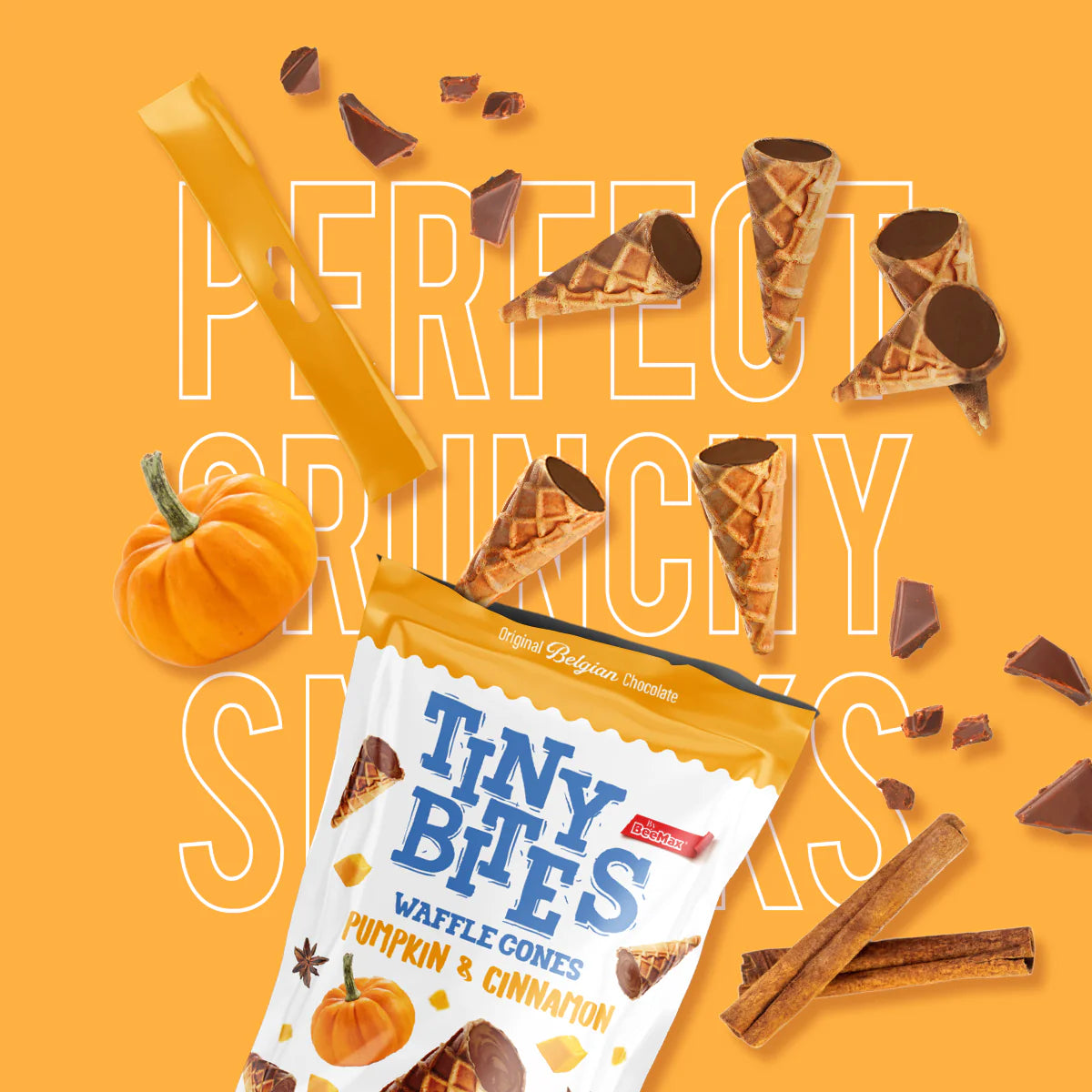 Packaging of Tiny Bites Waffle Cones with pumpkins, cinnamon sticks, and chocolate pieces on a yellow background.