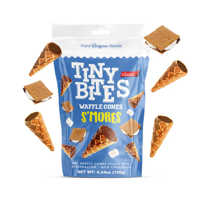 Packaging of Tiny Bites Waffle Cones S'mores with waffle cones around on a white background