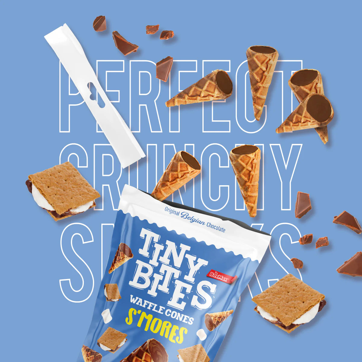 Packaging of Tiny Bites Waffle Cone S'mores with waffle cones and s'mores on a blue background.