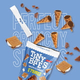 Packaging of Tiny Bites Waffle Cone S'mores with waffle cones and s'mores on a blue background.