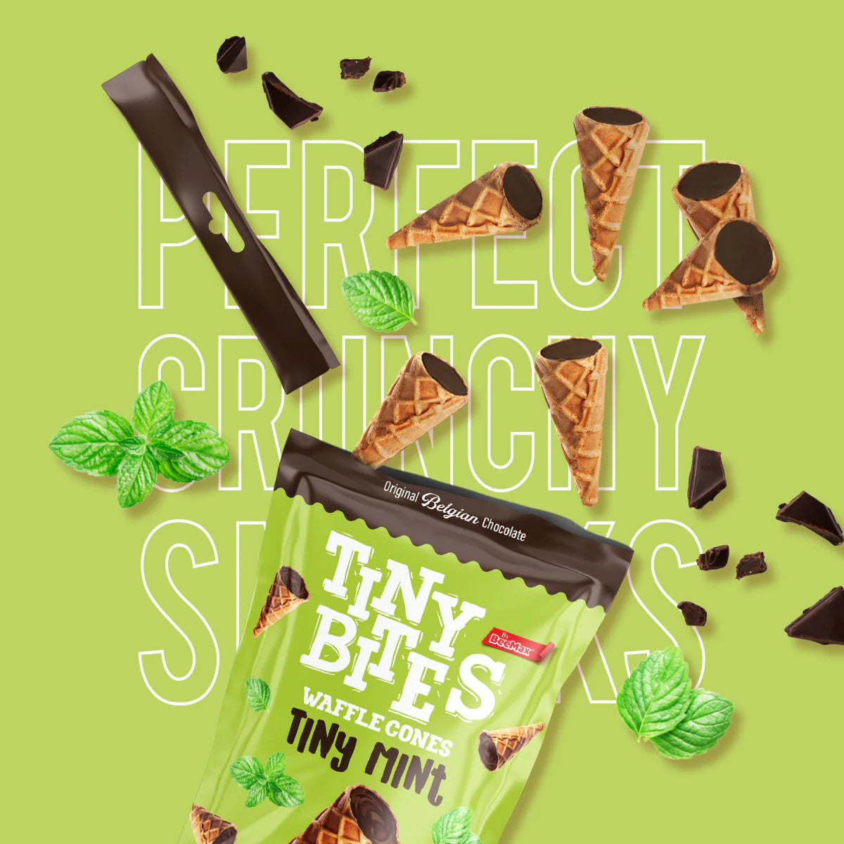 Packaging of Tiny Bites Waffle Cones with mint leaves and chocolate pieces on a green background.