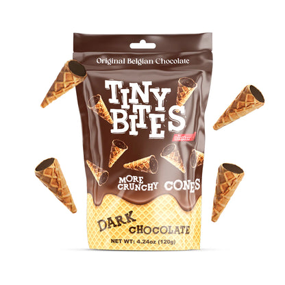 Packaging of Tiny Bites Dark Chocolate Crunchy Cones with product placement on a white background