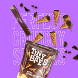 Packaging of Tiny Bites chocolate cones with a purple background and text.