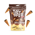 Bag of Tiny Bites Dark Chocolate Crunchy Cones with product packaging and cones displayed.