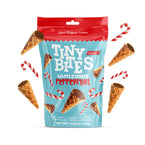 Packaging of Tiny Bites Peppermint Waffle Cones with waffle cones and candy canes on a white background