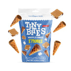 Packaging of Tiny Bites Waffle Cones S'mores with waffle cones around on a white background