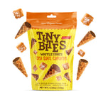 Packaging of Tiny Bites Waffle Cones with sea salt caramel flavor on a white background