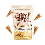 Packaging of Tiny Bites white chocolate cones with waffle cones on a white background