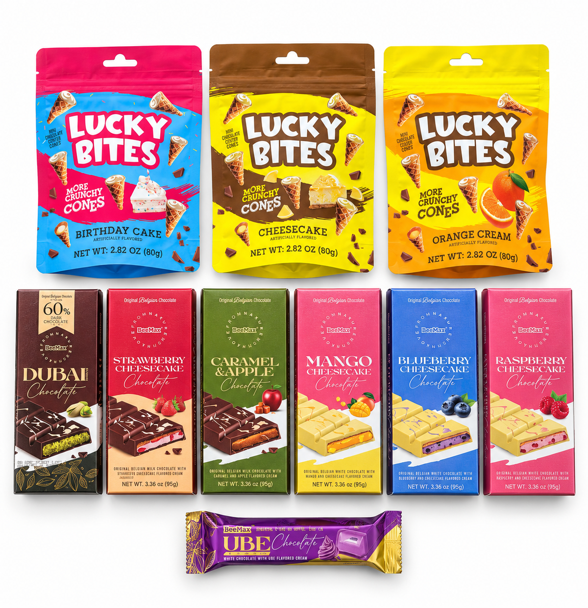 BeeMax Lucky Bites & Cheesecake Chocolate Bar Variety Pack (10 Items): everything in the box