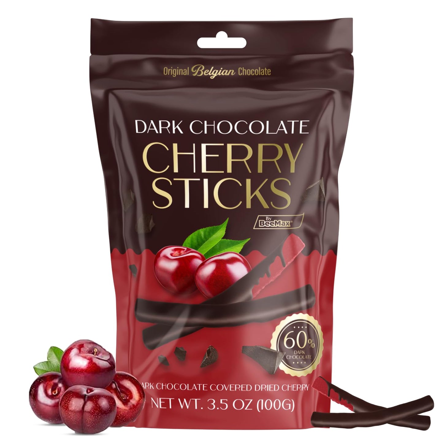 BeeMax dark Belgian chocolate covered dried cherry sticks 3.5oz Non-GMO resealable