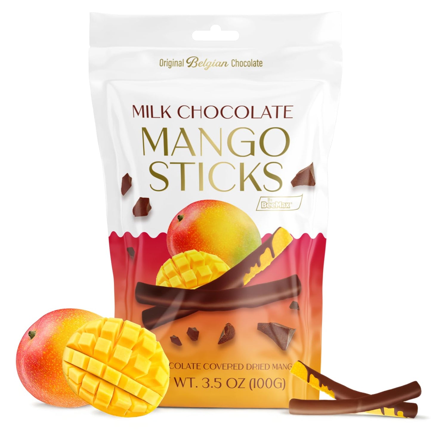 BeeMax milk Belgian chocolate covered dried mango sticks 3.5oz Non-GMO tropical
