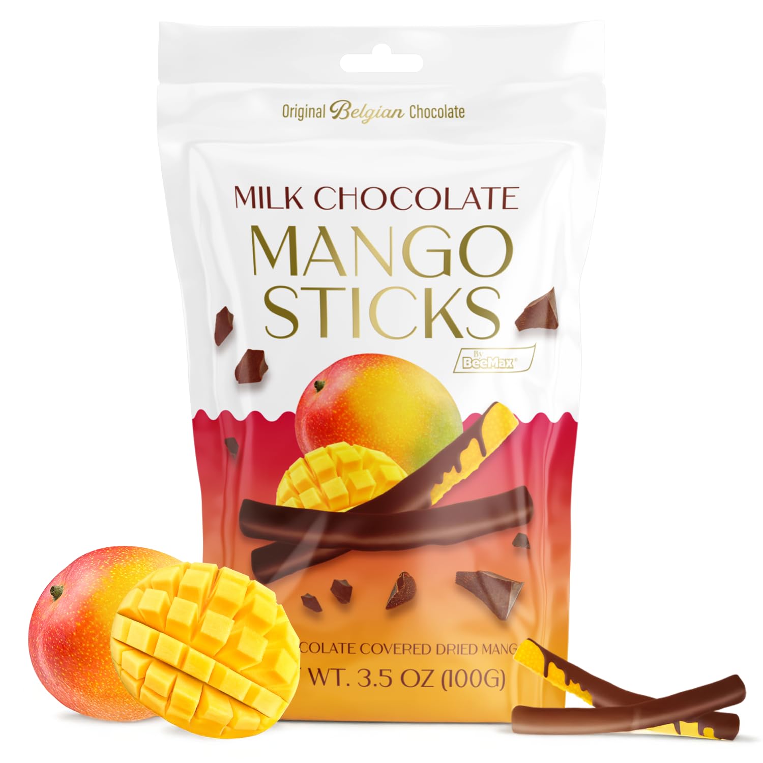 BeeMax milk Belgian chocolate covered dried mango sticks 3.5oz Non-GMO tropical