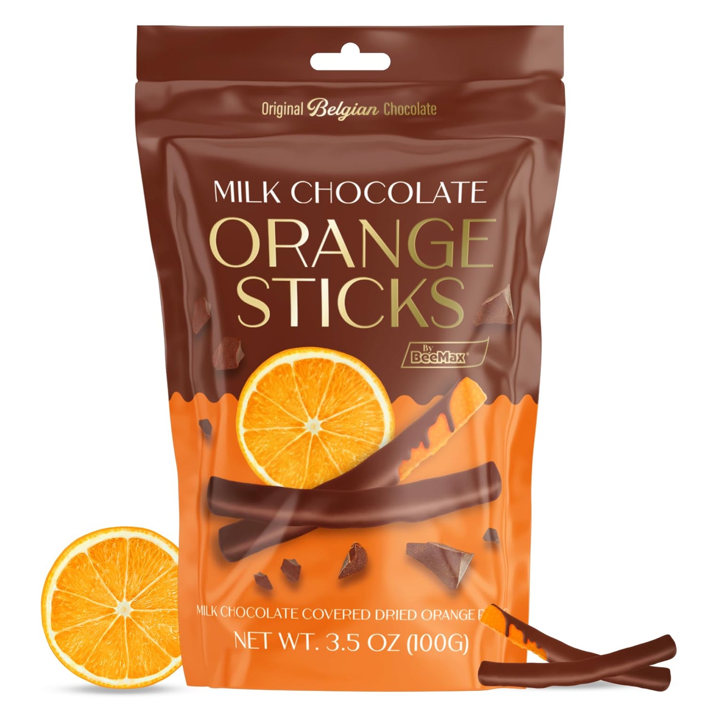 BeeMax milk Belgian chocolate covered dried orange sticks 3.5oz Non-GMO citrus