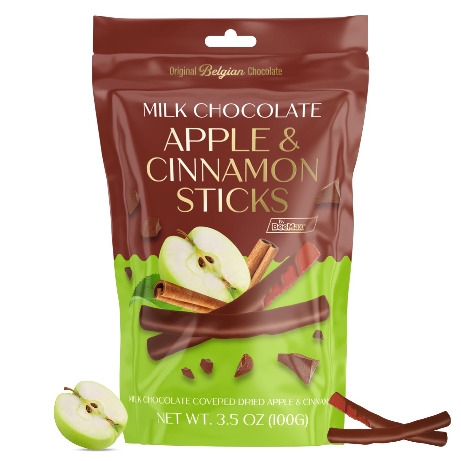 BeeMax milk Belgian chocolate covered dried apple and cinnamon sticks 3.5oz Non-GMO