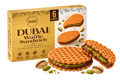 BeeMax Dubai Style Waffle Sandwich 5.3 oz box with pistachio cream and milk chocolate waffles