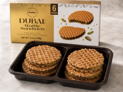 Open BeeMax Dubai Style Waffle Sandwich box showing the 6 waffle sandwiches in their tray