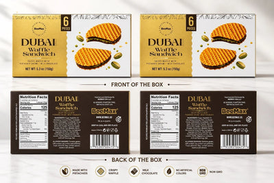 Front and back of the BeeMax Dubai Style Waffle Sandwich box, with nutrition facts and ingredients