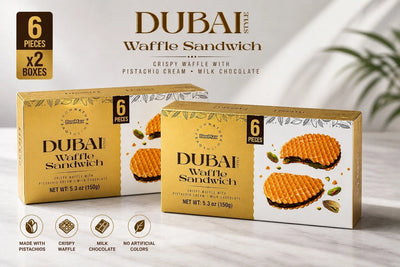 Two boxes of BeeMax Dubai Style Waffle Sandwich, 6 pieces each, made with pistachios