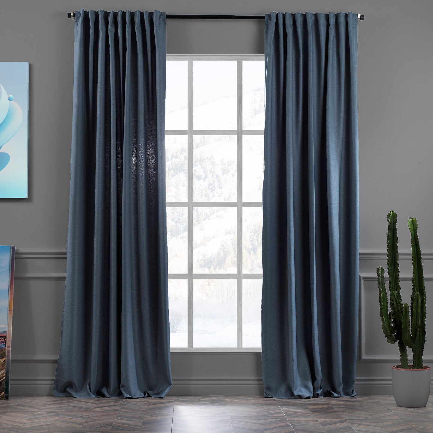 100% Blackout Linen Curtain Optional,Set of 2 Decorative Faux Linen Curtain Blue Color,Extra Long and Extra Wide ,Custom Made Curtain